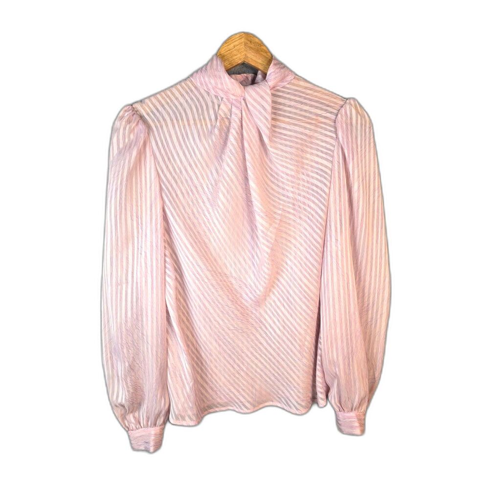 Helene St Marie Vintage Pink Tonal Stripe Scarf Collar Button Back Blouse 12